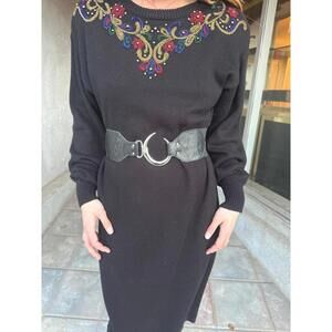 Vintage 1980s Darian Black Knit Beaded Long Sleeve Sweater Midi Dress